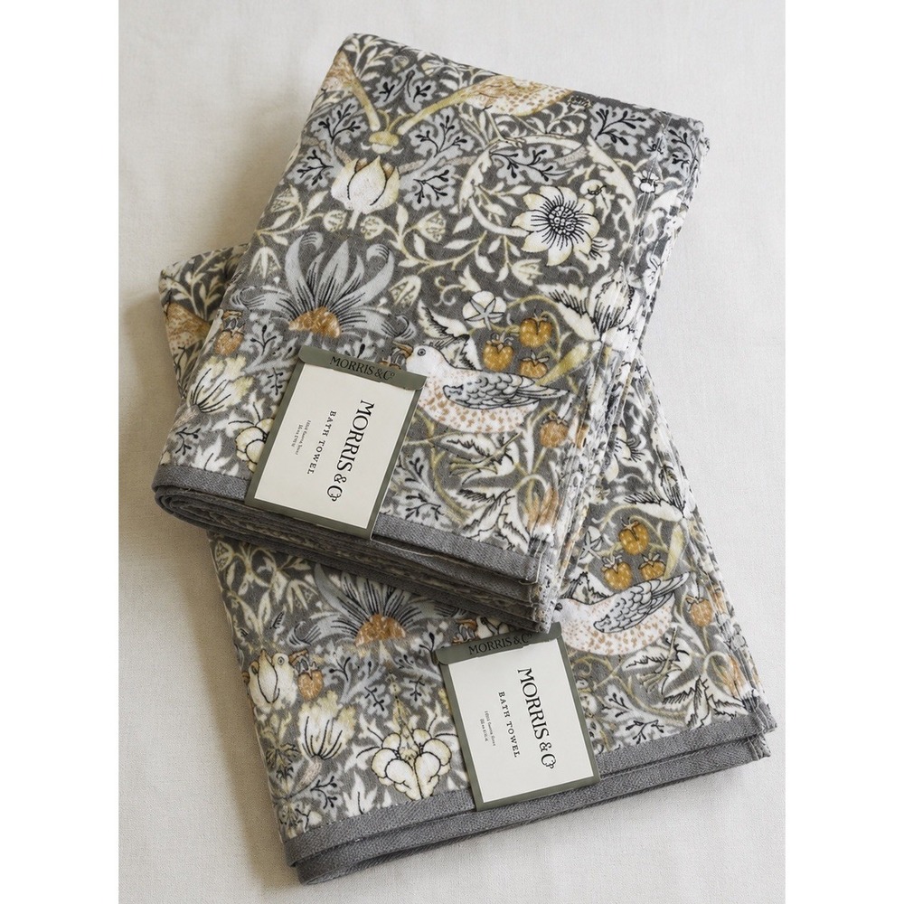 William Morris Co Strawberry Thief Clay Gray Velour 2 Pc Bath Towels Set NEW